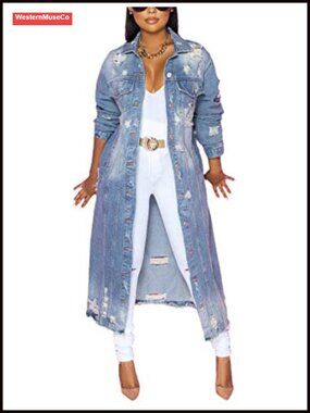 Ripped Maxi Long Denim Jacket Trench Coat Button Down